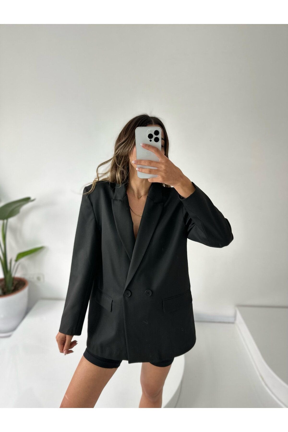 Kadın Çift Düğme Detay Poliviskon Astarlı Vatkalı Boyfriend Oversize Ceket