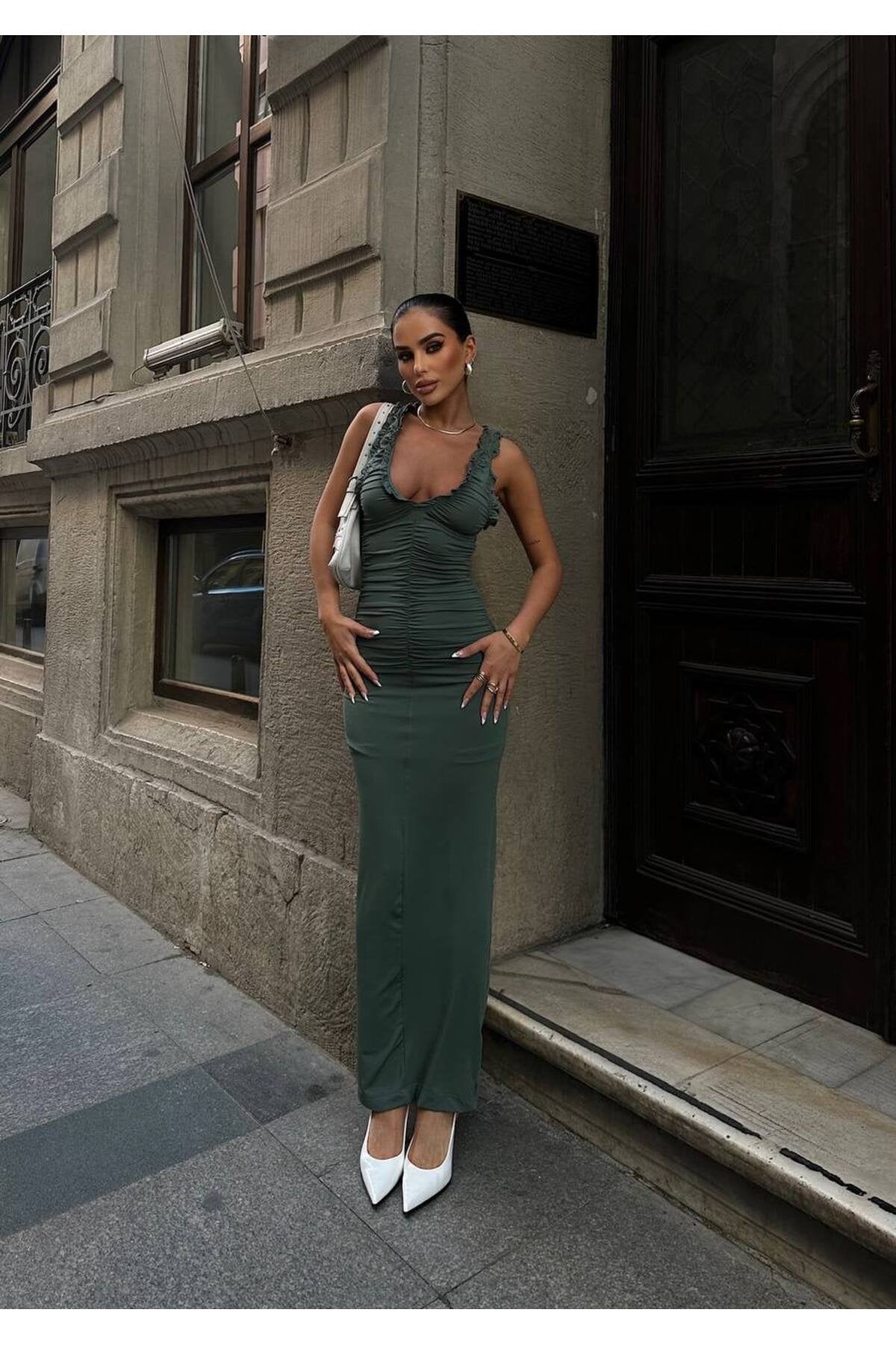 Kadın Fırfırlı V Yaka Drapeli Yırtmaç Detay Streç Elbise