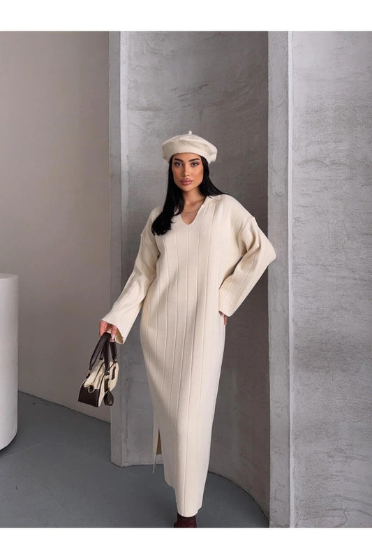 Kadın tesettüre uygun standart beden polo yaka fitilli triko elbise