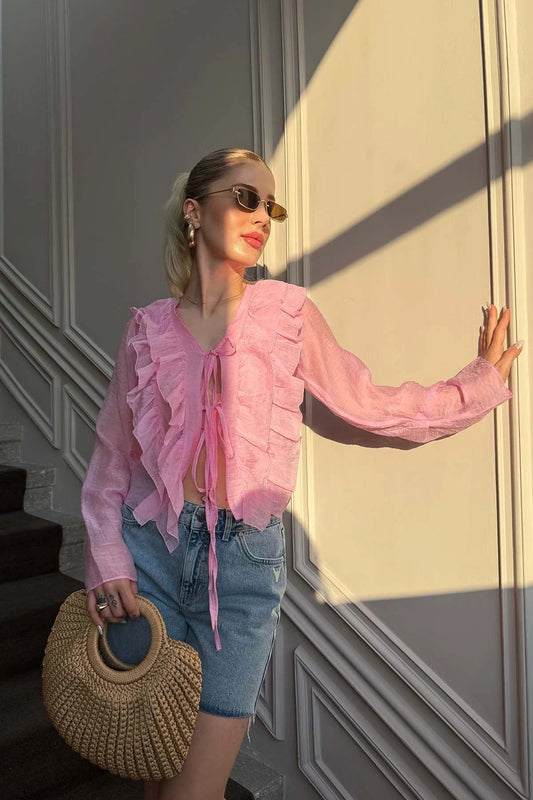 Kadın Yeni Sezon Bağlama Detay Fırfırlı Bluz Fırfırlı Gömlek - Uzun Kollu Yazlık Bluz Gömlek