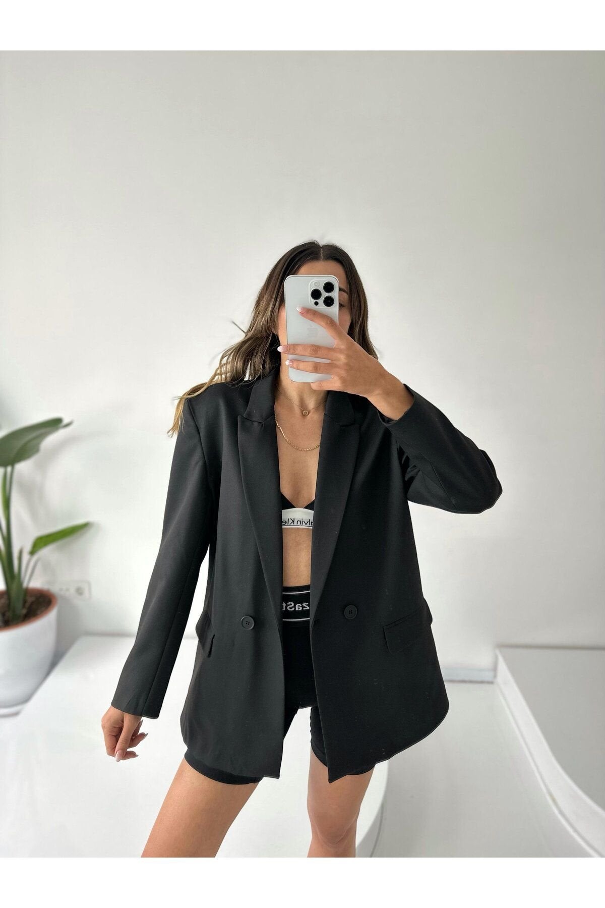 Kadın Çift Düğme Detay Poliviskon Astarlı Vatkalı Boyfriend Oversize Ceket