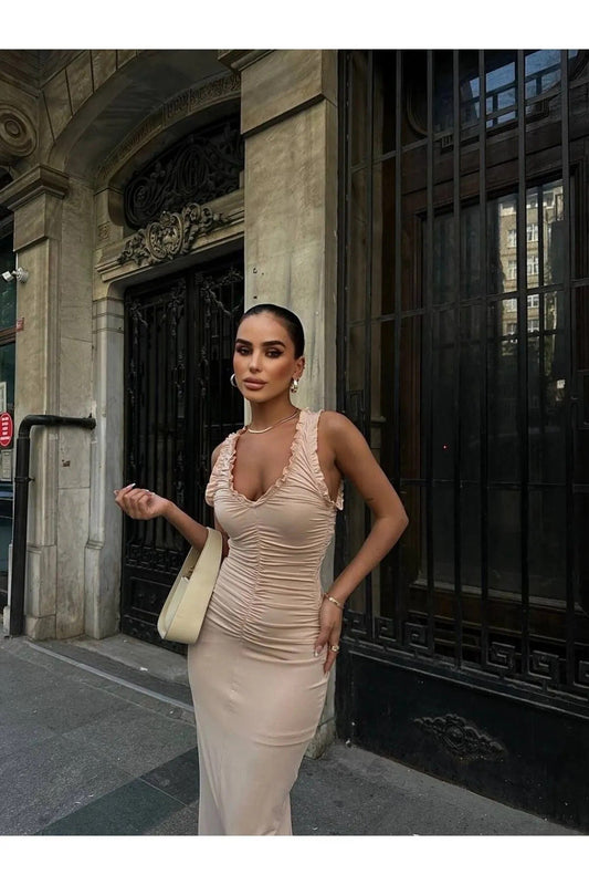 Kadın Fırfırlı V Yaka Drapeli Yırtmaç Detay Streç Elbise