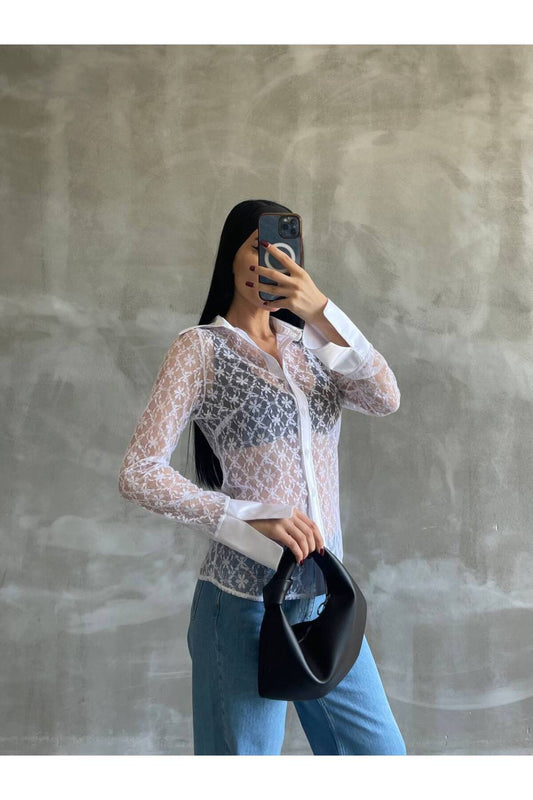 Dantel Güpür Detaylı Transparan Kadın Klasik Gömlek