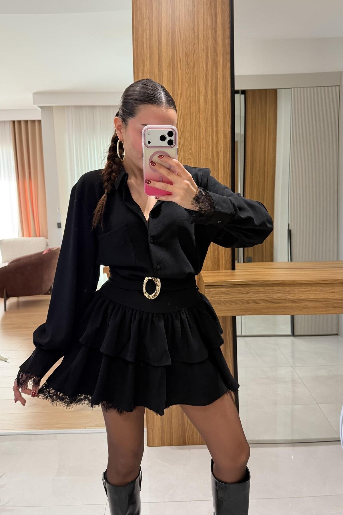 Marsha Kahve Dantel Detaylı Kemerli Elbise