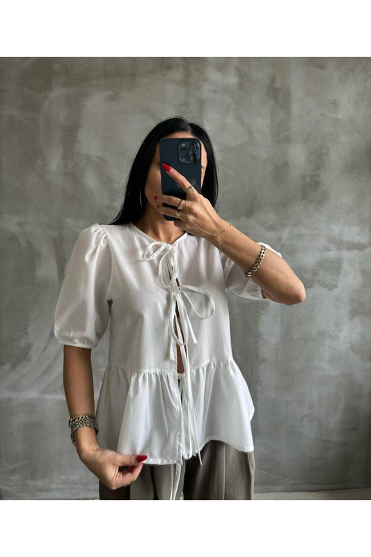 Kadın Yeni Sezon Bağlama Detaylı Bluz Gömlek Beyaz