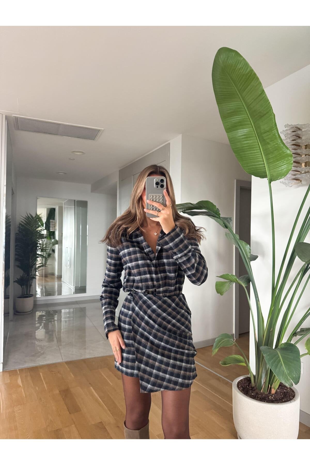 Kadın Lacivert Ekose Düğmeli Mini Elbise