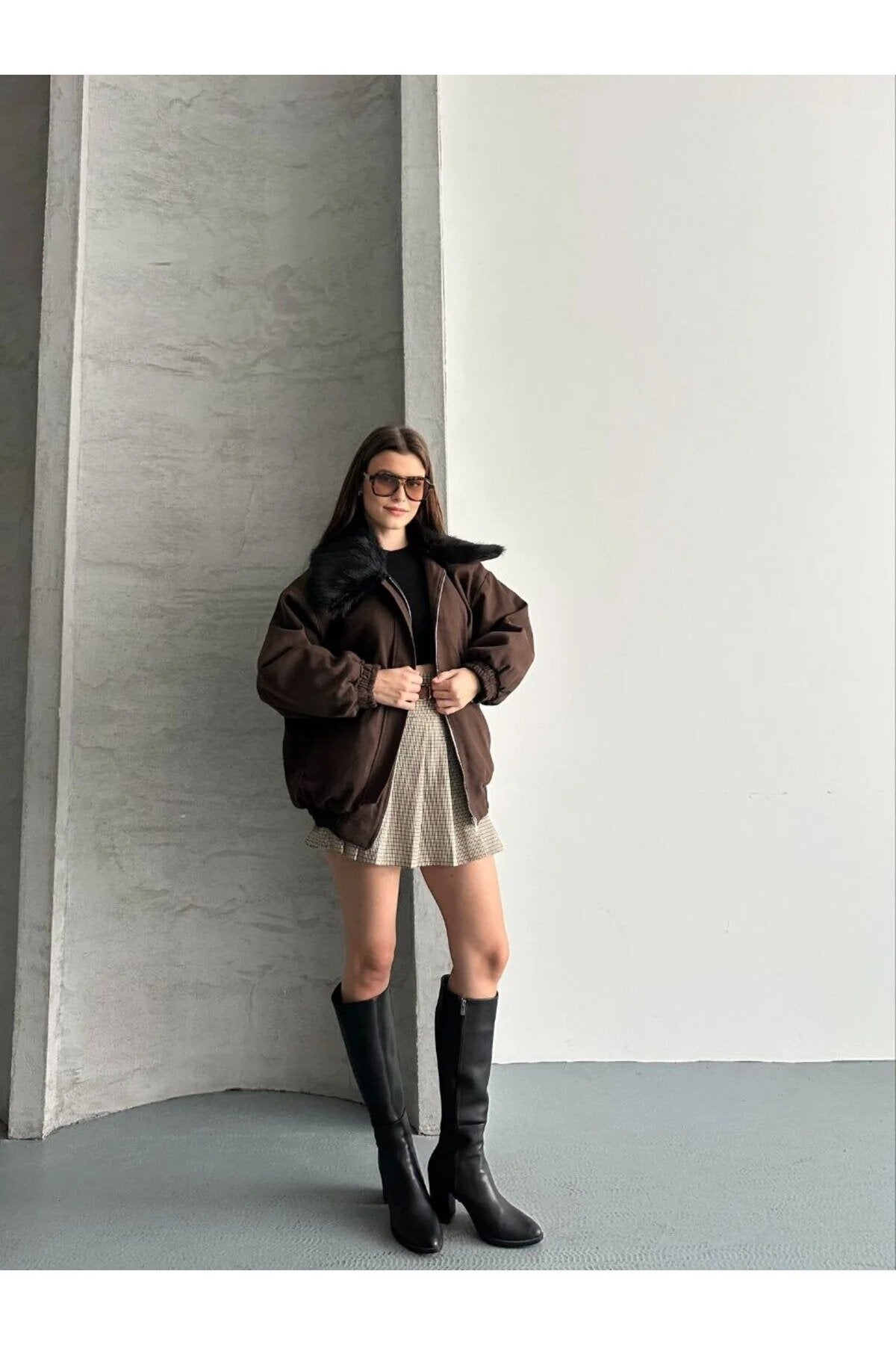 Kadın Premium Kalite Tasarım Kürk Yaka Gabardin Ceket