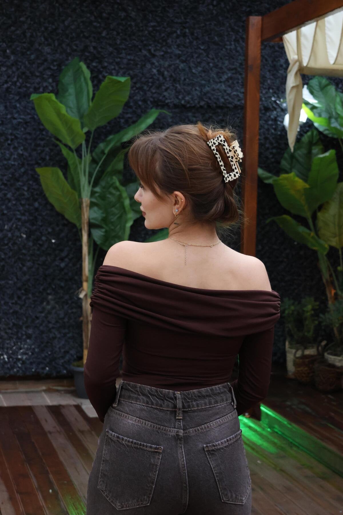 ACI KAHVE DRAPELİ KAYIK YAKA BLUZ