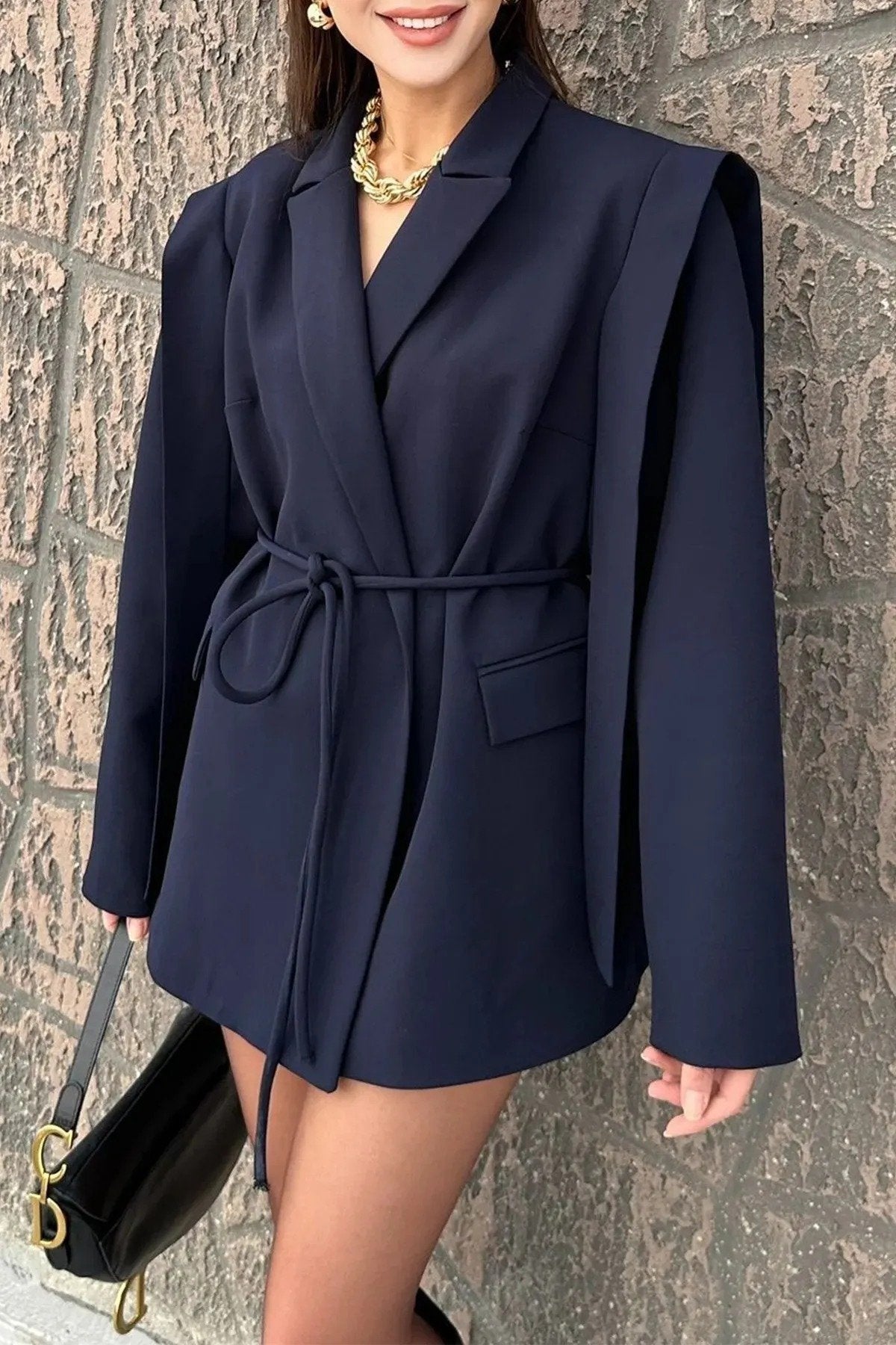 Kadın Yeni Sezon Tasarım Bağlamalı Oversize Ceket - Kahverengi