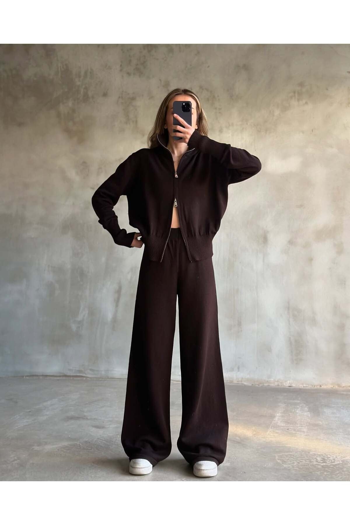 Kadın Yeni Sezon Çift Fermuarlı Muadil Triko Takım