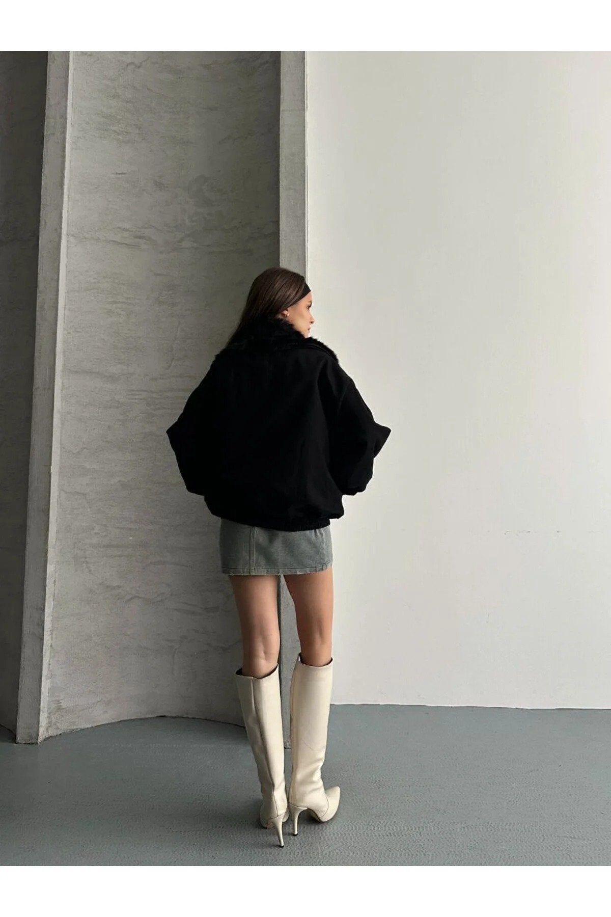 Kadın Premium Kalite Tasarım Kürk Yaka Gabardin Ceket