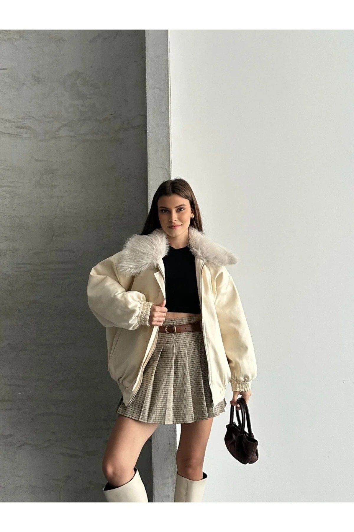 Kadın Premium Kalite Tasarım Kürk Yaka Gabardin Ceket