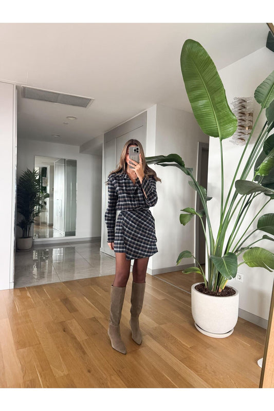 Kadın Lacivert Ekose Düğmeli Mini Elbise