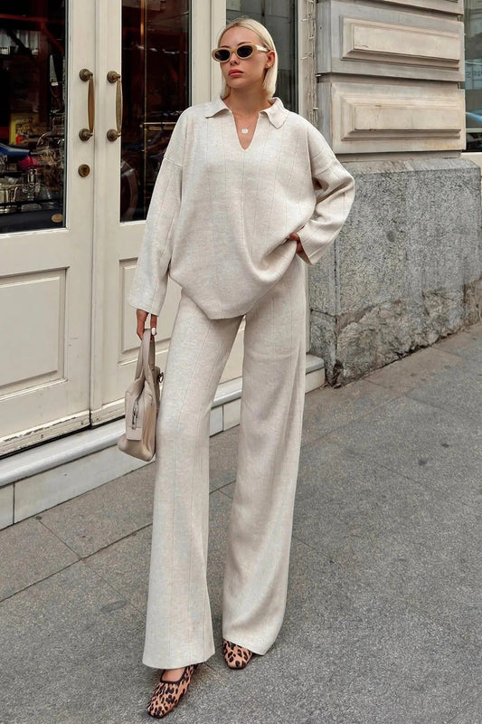 Kadın Polo Yaka Fitilli Triko Kazak Pantolon İkili Takım