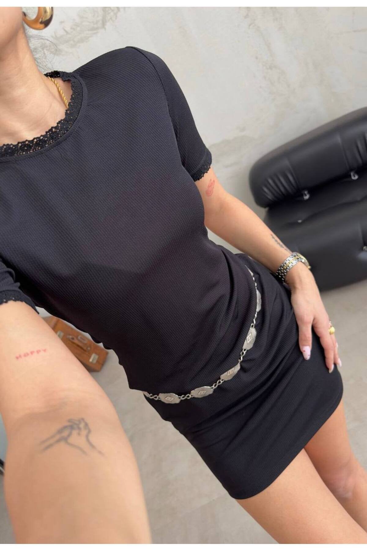 Kadın Dantel Detaylı Ottoman Kumaş Yazlık Mini Elbise