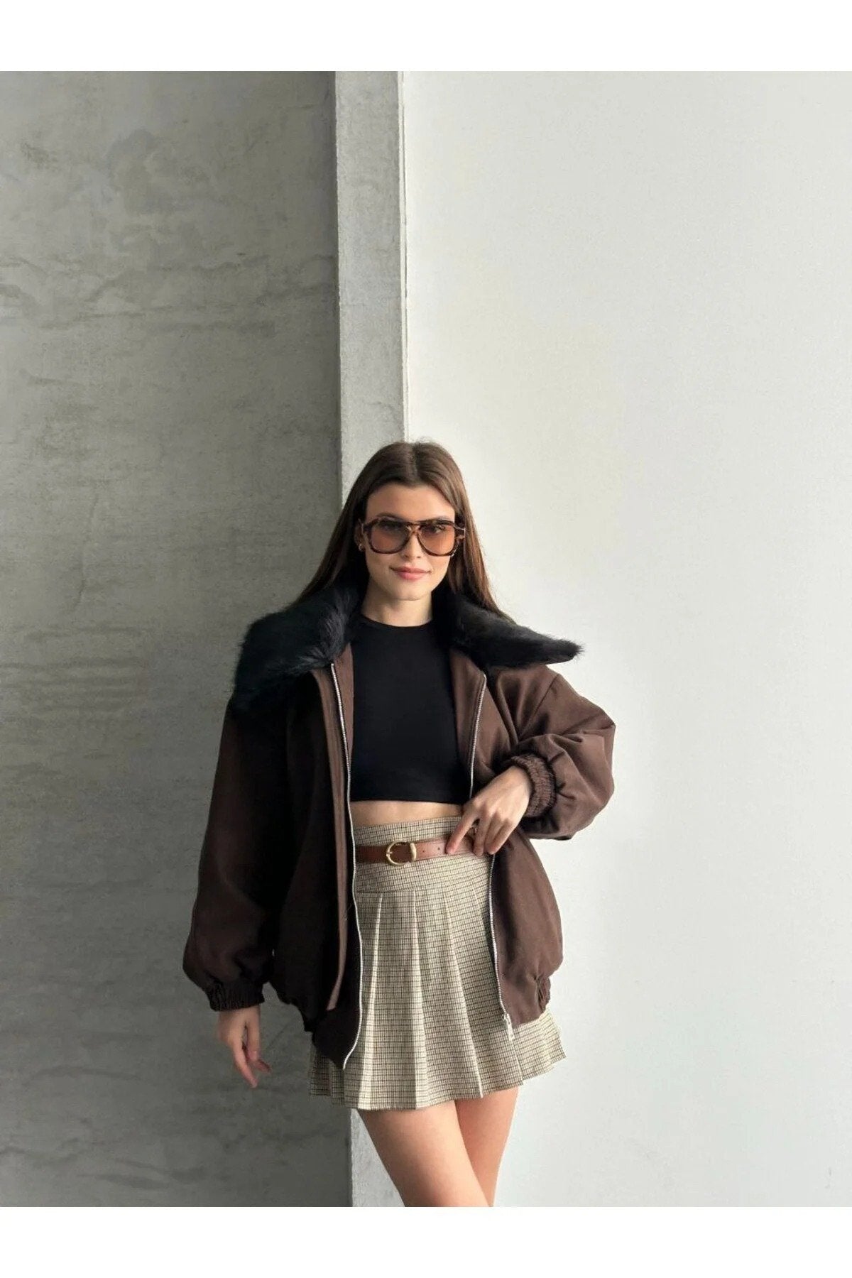 Kadın Premium Kalite Tasarım Kürk Yaka Gabardin Ceket