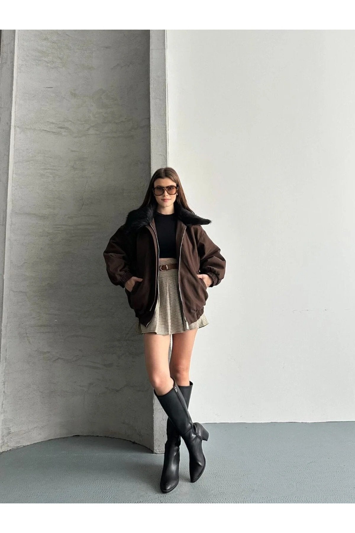 Kadın Premium Kalite Tasarım Kürk Yaka Gabardin Ceket