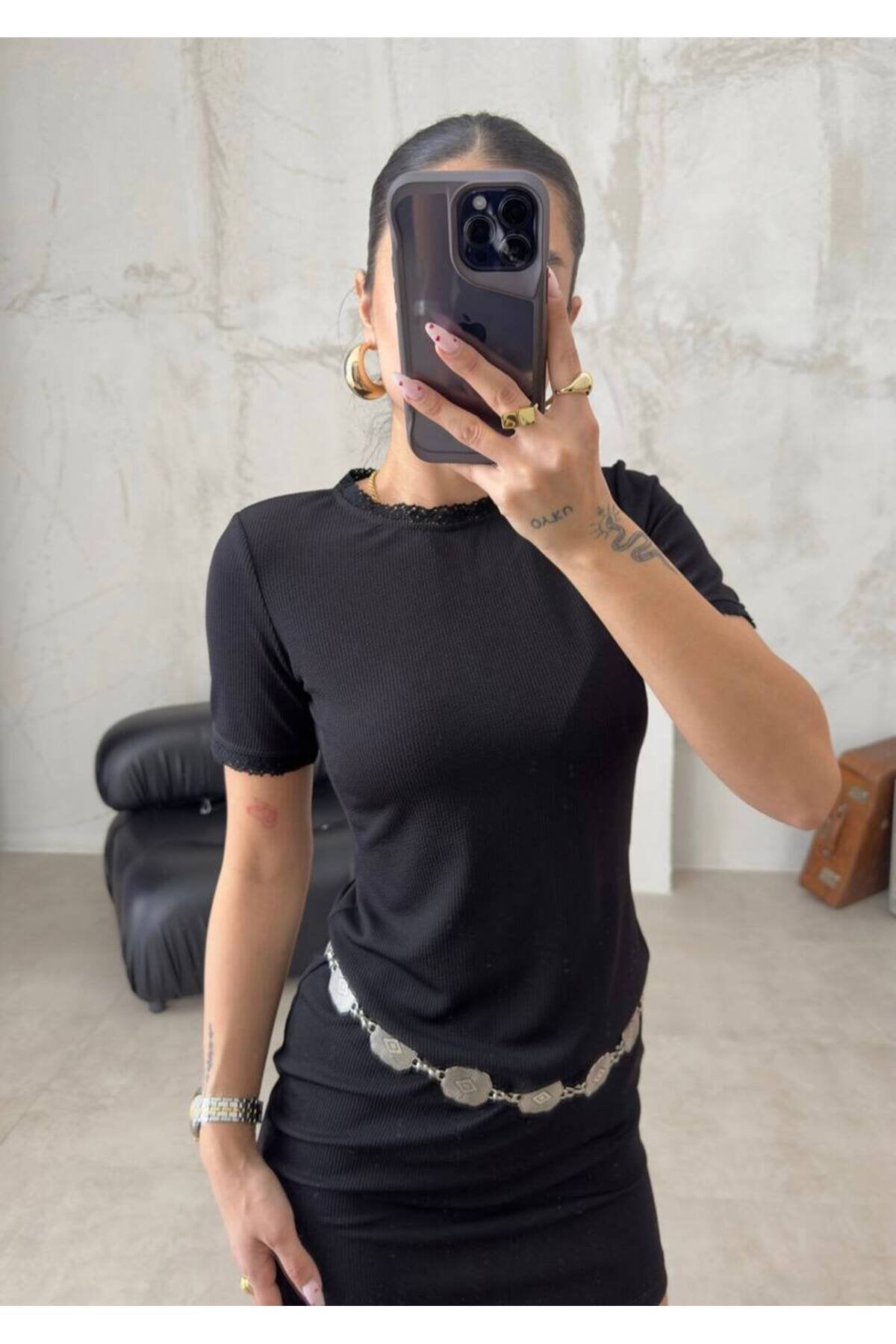 Kadın Dantel Detaylı Ottoman Kumaş Yazlık Mini Elbise