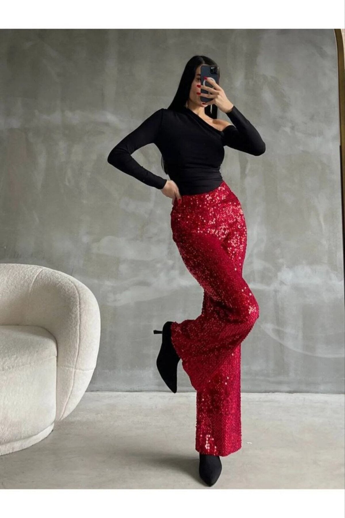 Kadın Kırmızı Pul Payet Şık Yılbaşı Özel Gün Şık Payet Pantolon