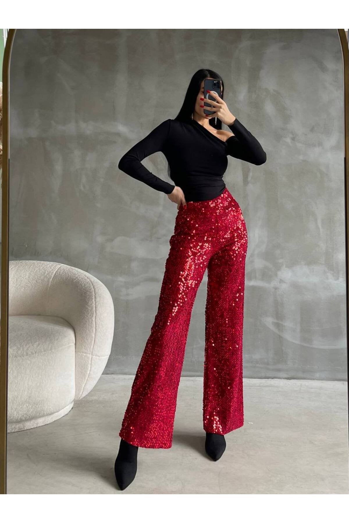 Kadın Pul Payet Yüksek Bel Pantolon