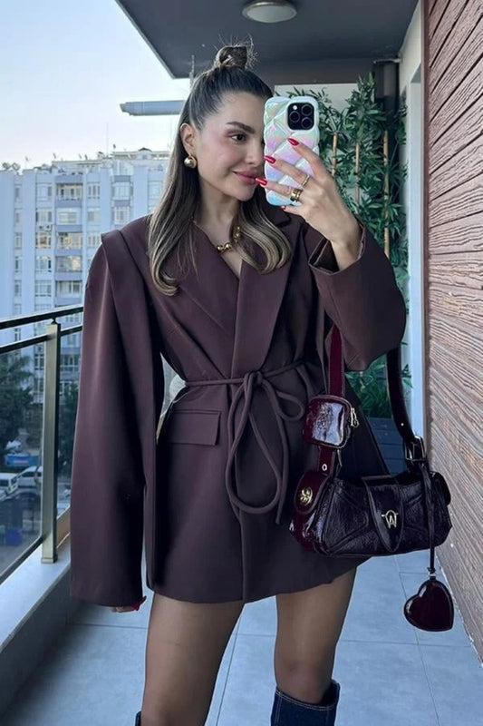 Kadın Yeni Sezon Tasarım Bağlamalı Ceket Kahverengi