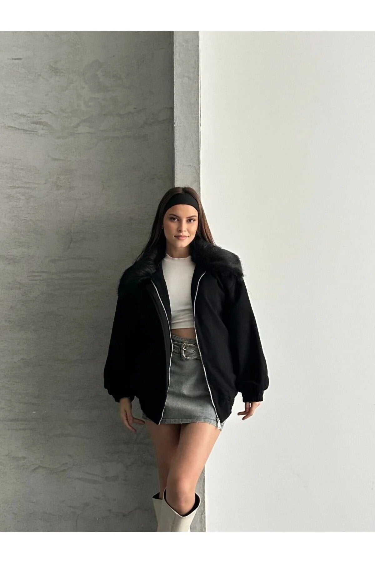 Kadın Premium Kalite Tasarım Kürk Yaka Gabardin Ceket