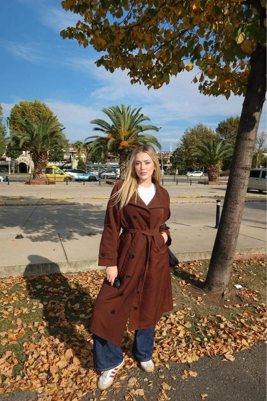 Kadın Kahverengi Full Düğmeli Dik Yaka Trençkot