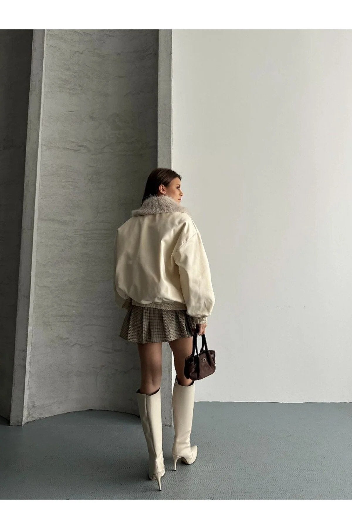 Kadın Premium Kalite Tasarım Kürk Yaka Gabardin Ceket