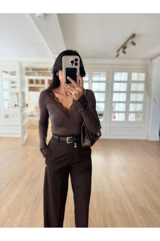 Kadın Kahverengi V Yaka Transparan Dantel Detay Kaşmir Ultra Hafif Bluz