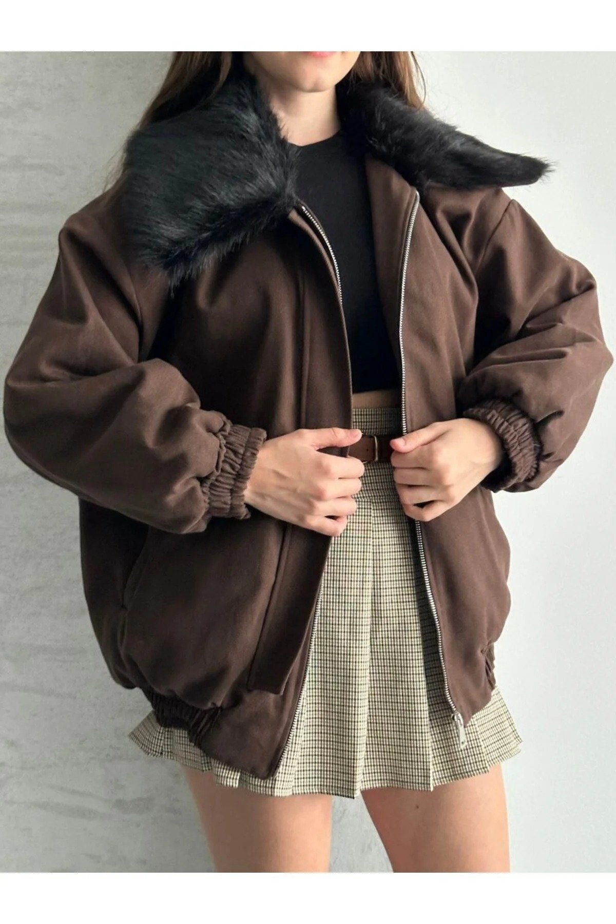 Kadın Premium Kalite Tasarım Kürk Yaka Gabardin Ceket