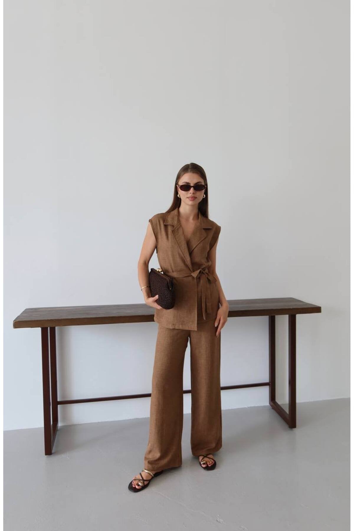 Kadın Premium Kuşaklı Yelek Pantolon Takım