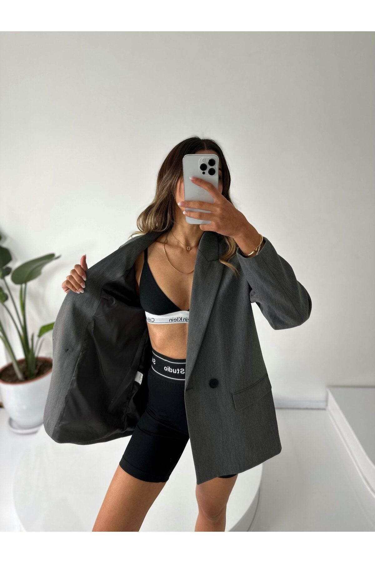 Kadın Çift Düğme Detay Poliviskon Astarlı Vatkalı Boyfriend Oversize Ceket