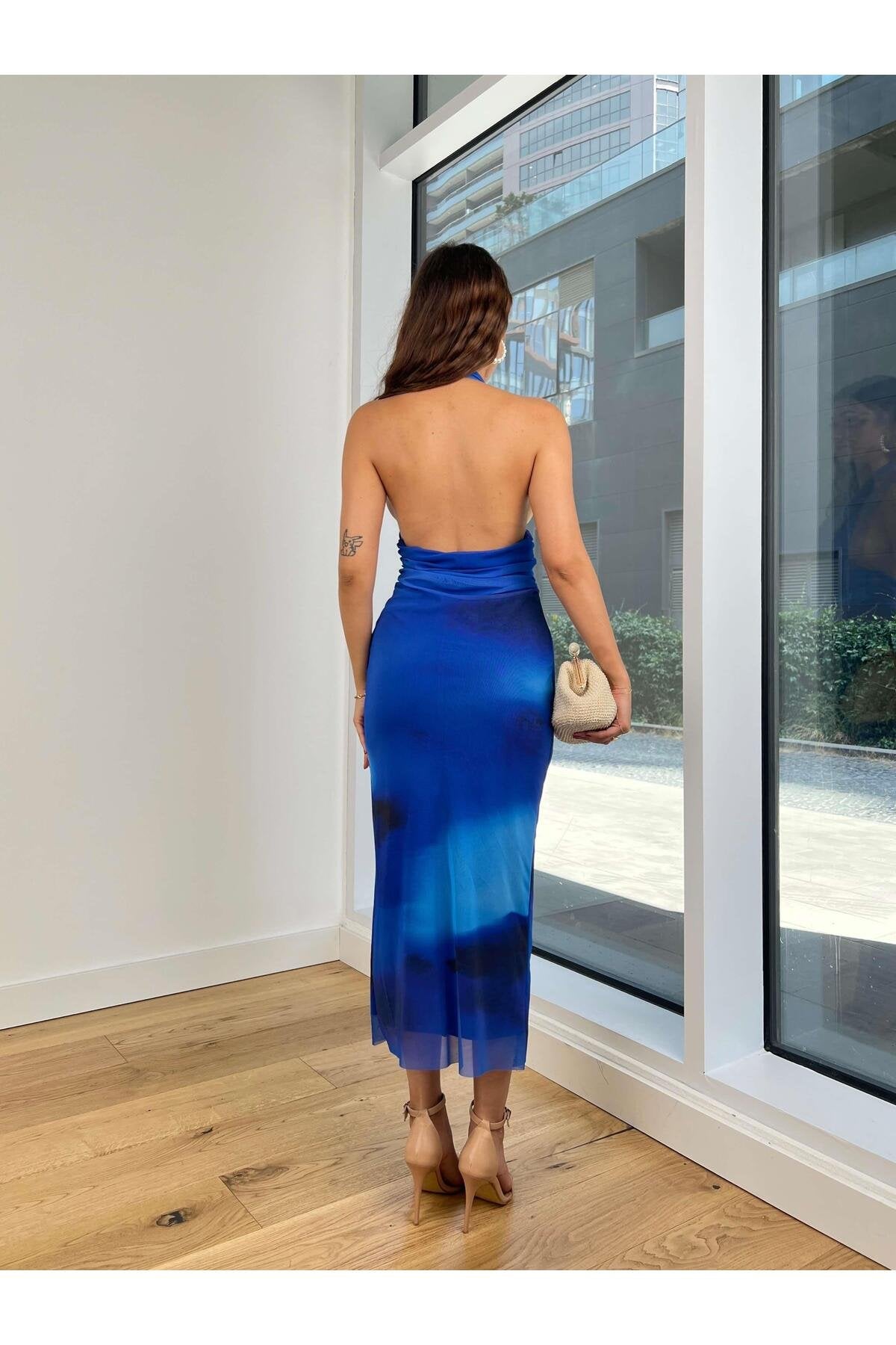 Kadın Boyundan Geçirmeli Sırt Dekolteli Tül Gece/Nikah/Özel gün Elbisesi