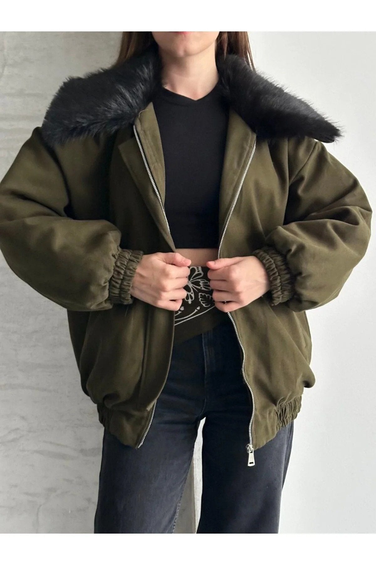 Kadın Premium Kalite Tasarım Kürk Yaka Gabardin Ceket