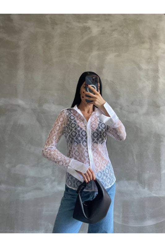 Dantel Güpür Detaylı Transparan Kadın Klasik Gömlek