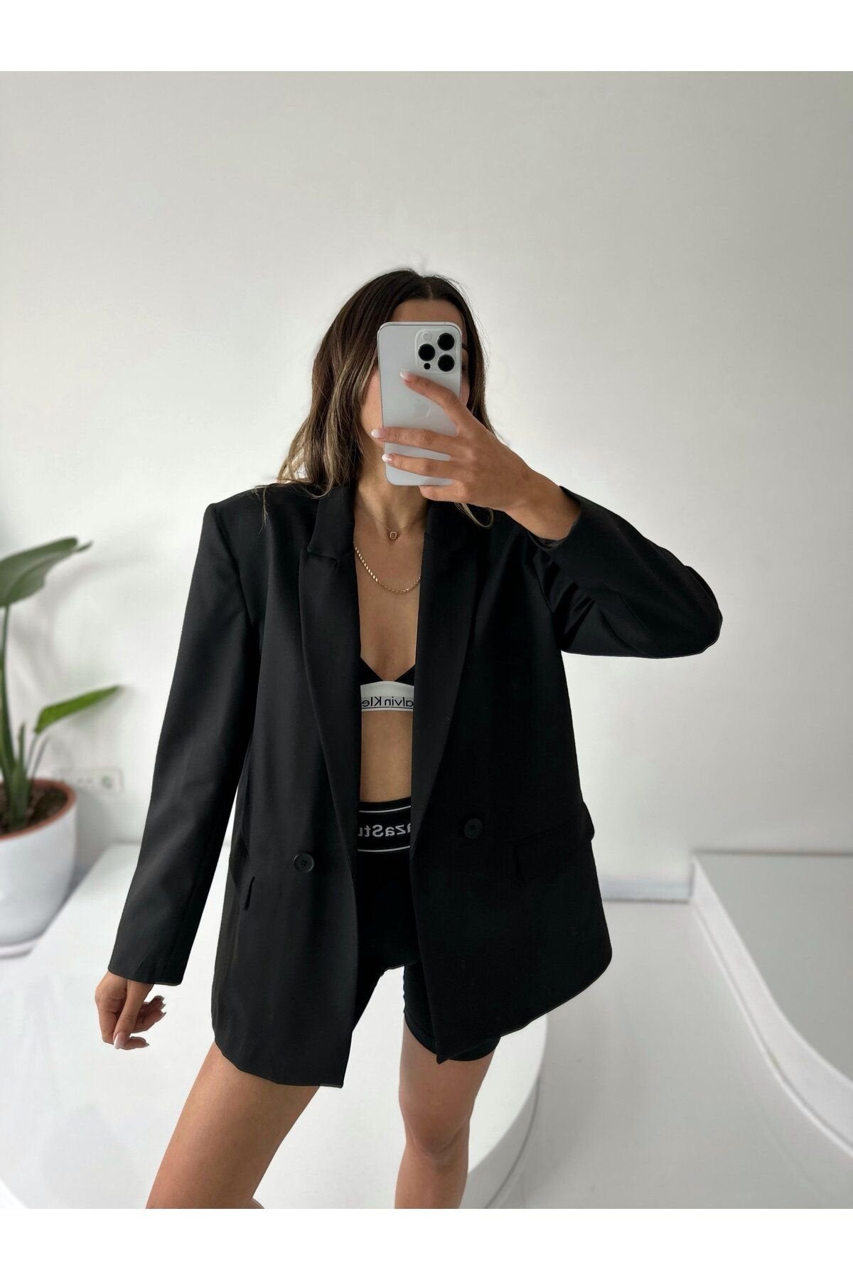 Kadın Çift Düğme Detay Poliviskon Astarlı Vatkalı Boyfriend Oversize Ceket