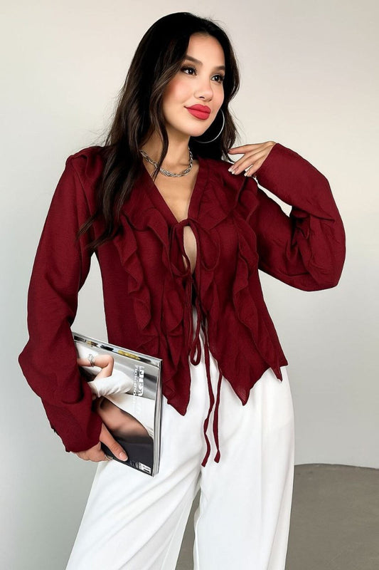 TASARIM ZR MODEL FIRFIR DETAYLI ŞIK YAZLIK BAĞLAMALI BLUZ GÖMLEK