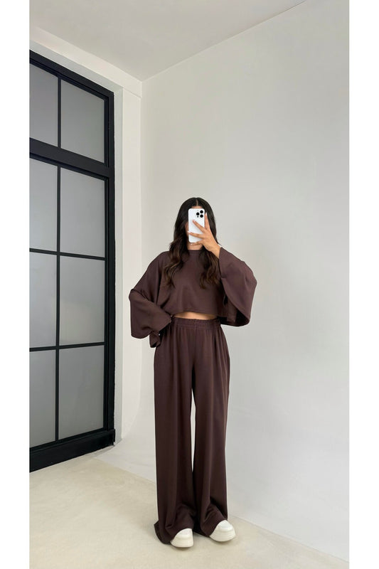 Kadın Yarasa Kol Crop Beli Lastikli Pantolo Muadil Modal Takım