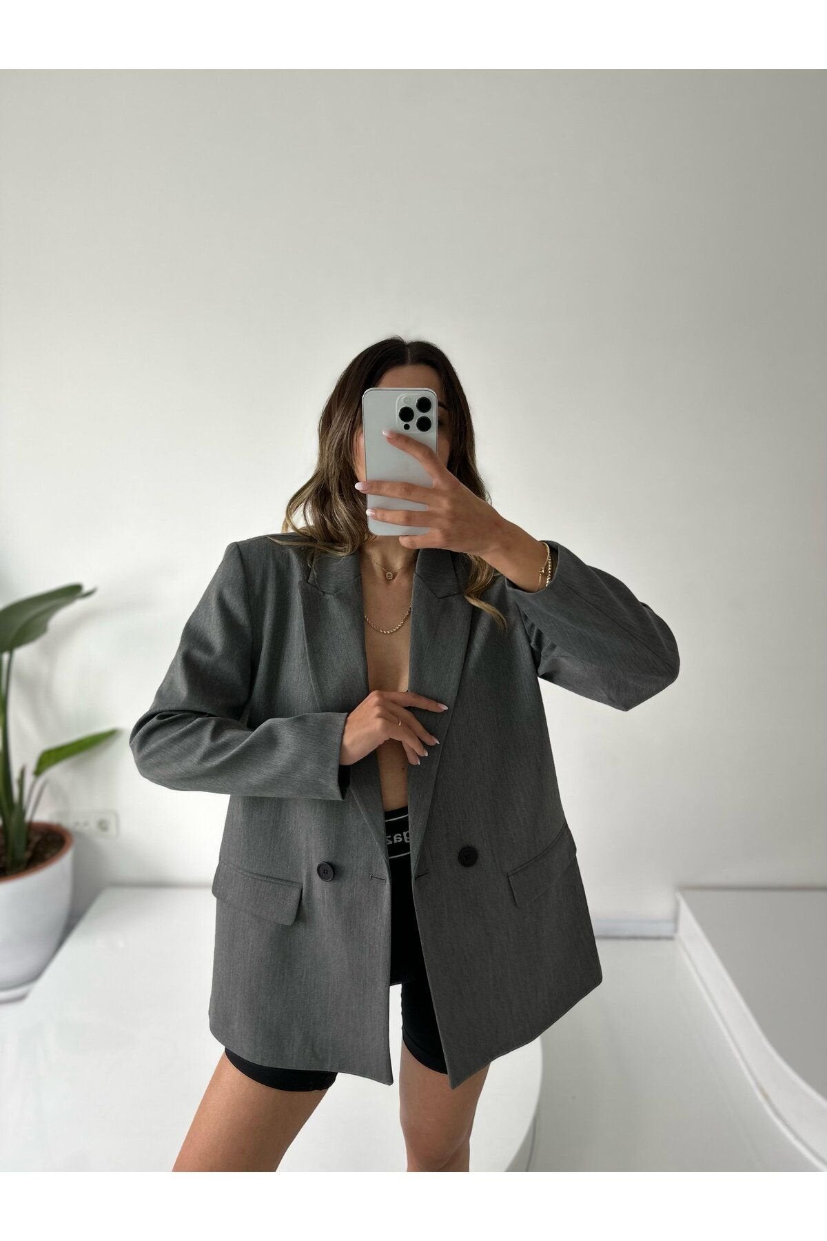 Kadın Çift Düğme Detay Poliviskon Astarlı Vatkalı Boyfriend Oversize Ceket