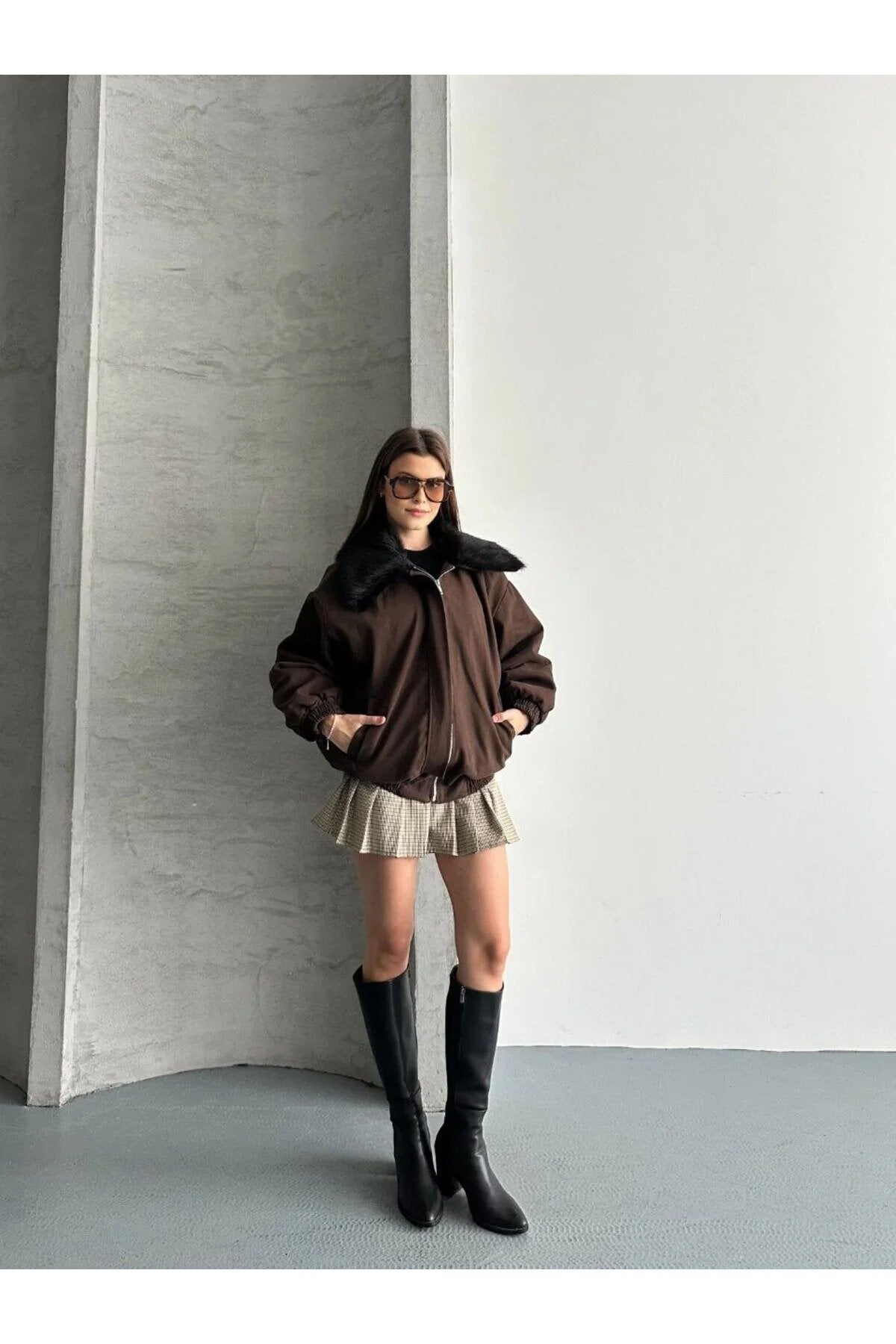 Kadın Premium Kalite Tasarım Kürk Yaka Gabardin Ceket