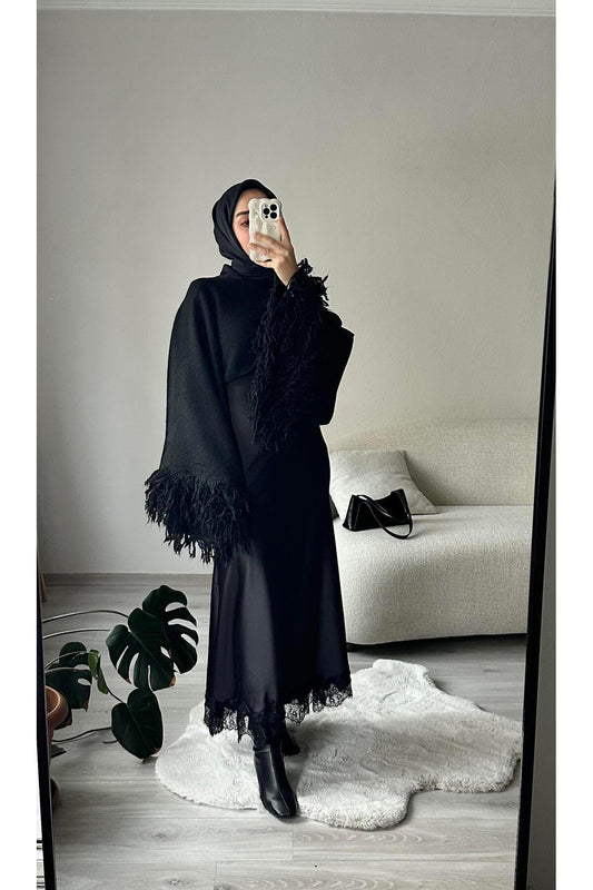 Siyah Etek Ucu Dantelli Saten Etek