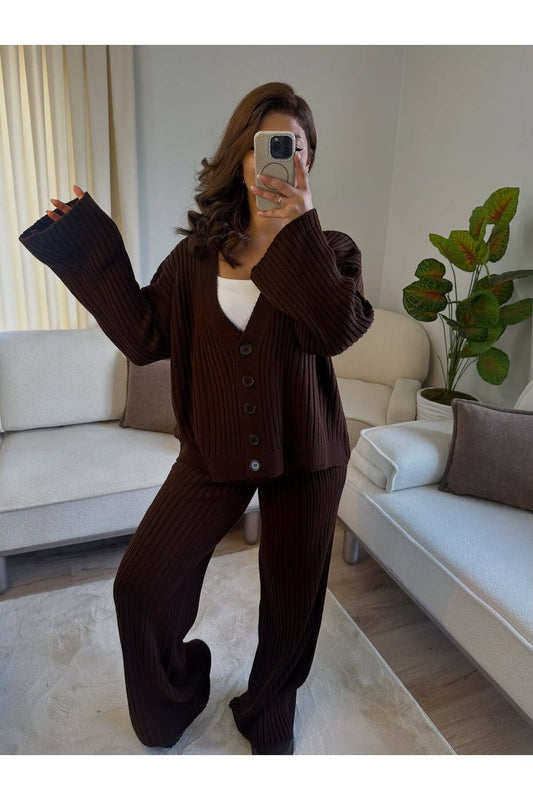 Kadın Fitilli V yaka Hırka Pantolon İkili Triko Alt Üst Takım