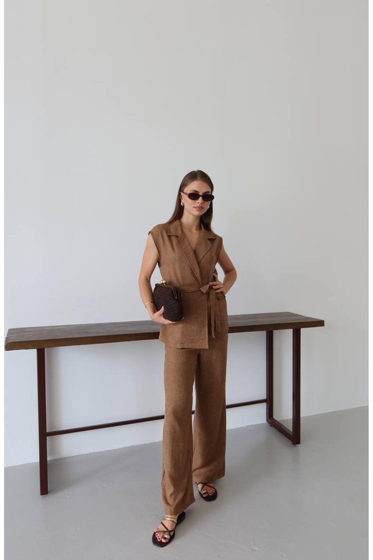 Kadın Premium Kuşaklı Yelek Pantolon Takım
