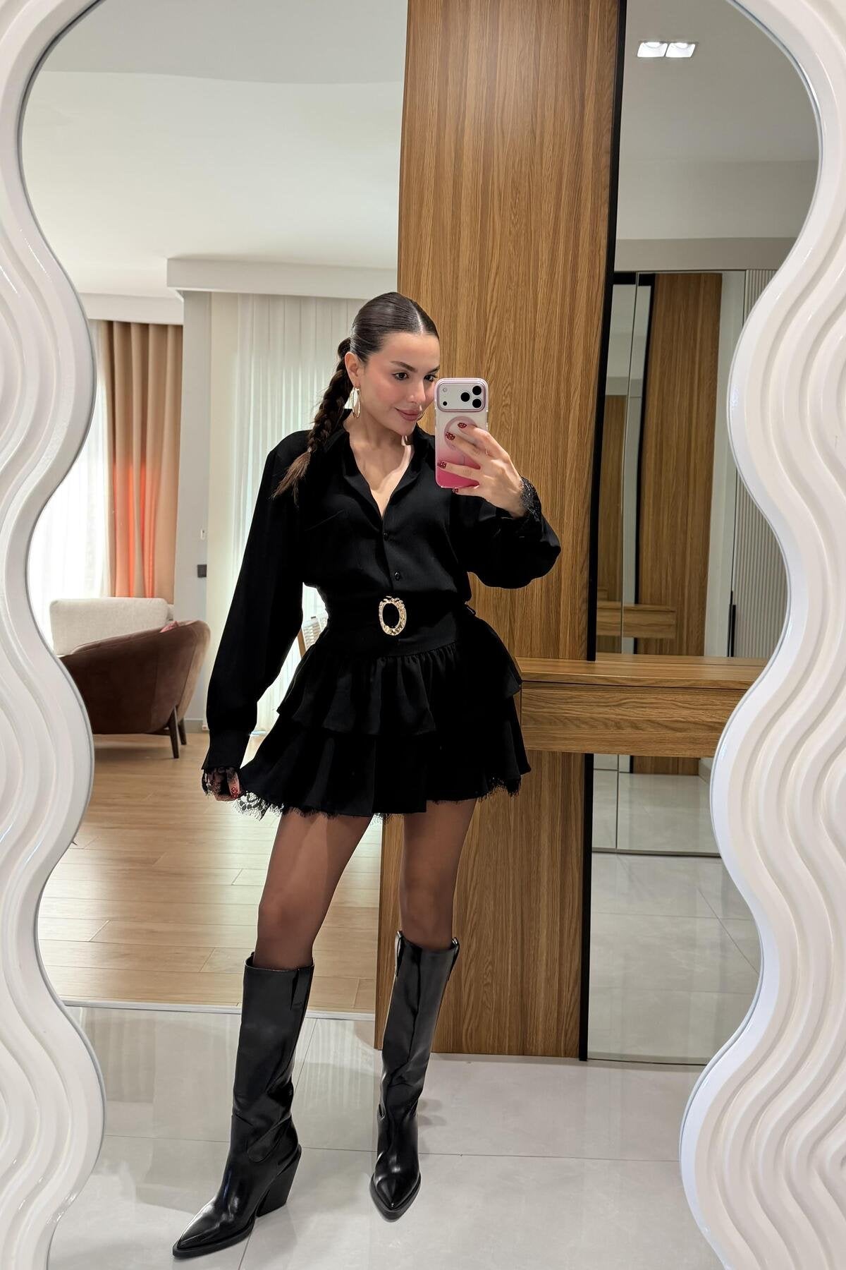 Marsha Kahve Dantel Detaylı Kemerli Elbise