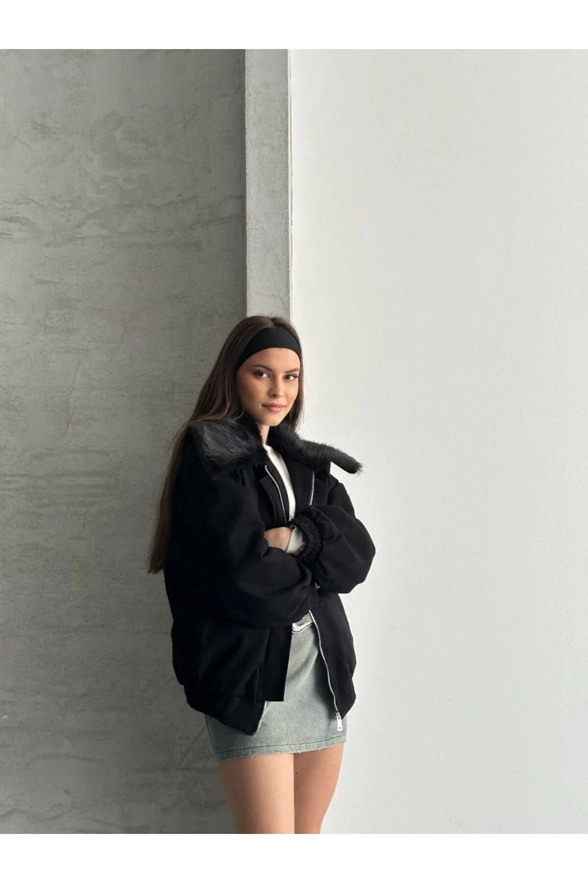 Kadın Premium Kalite Tasarım Kürk Yaka Gabardin Ceket