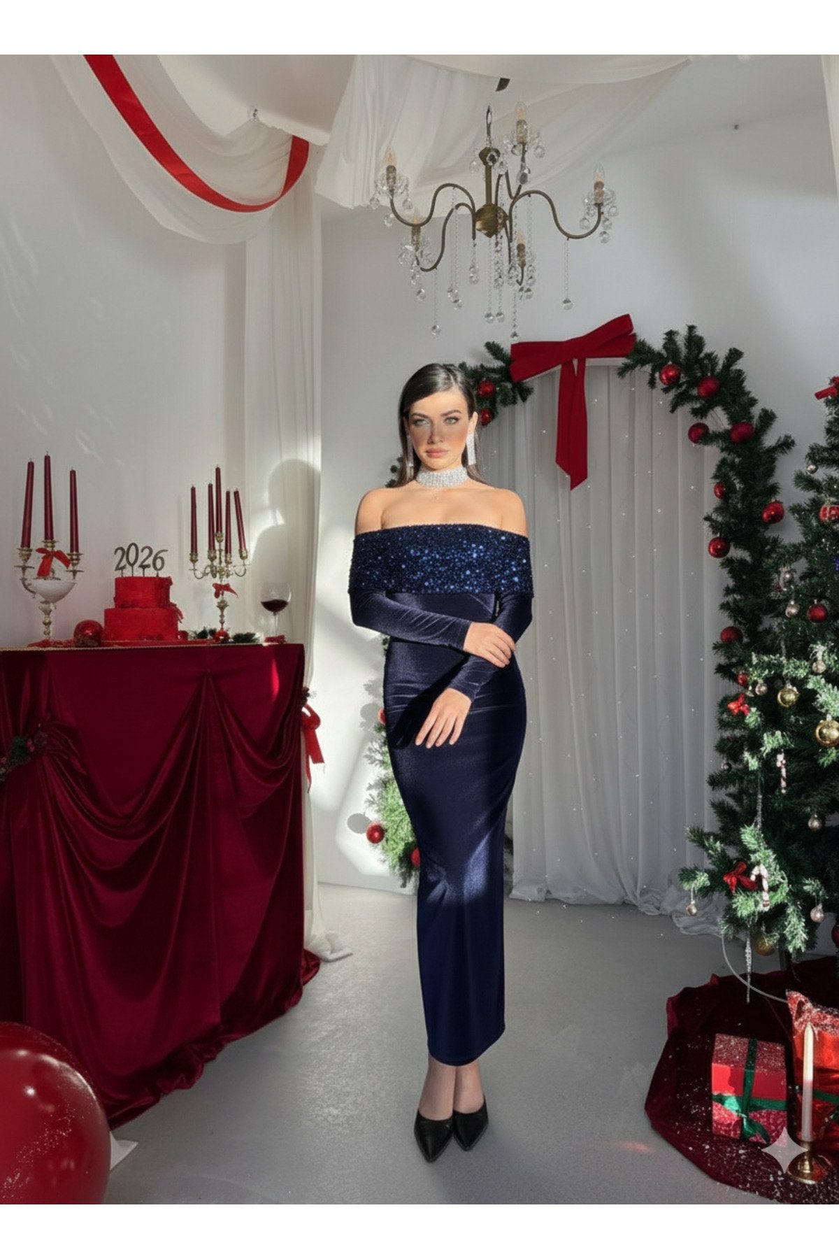 Kadın Payetli Madonna Yaka Kadife Şık Gece Yılbaşı Elbisesi