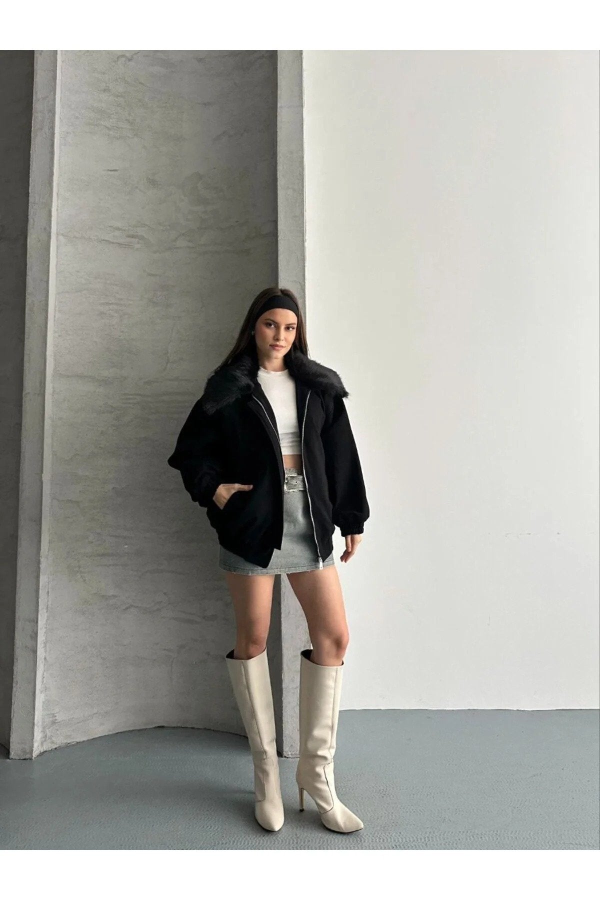 Kadın Premium Kalite Tasarım Kürk Yaka Gabardin Ceket