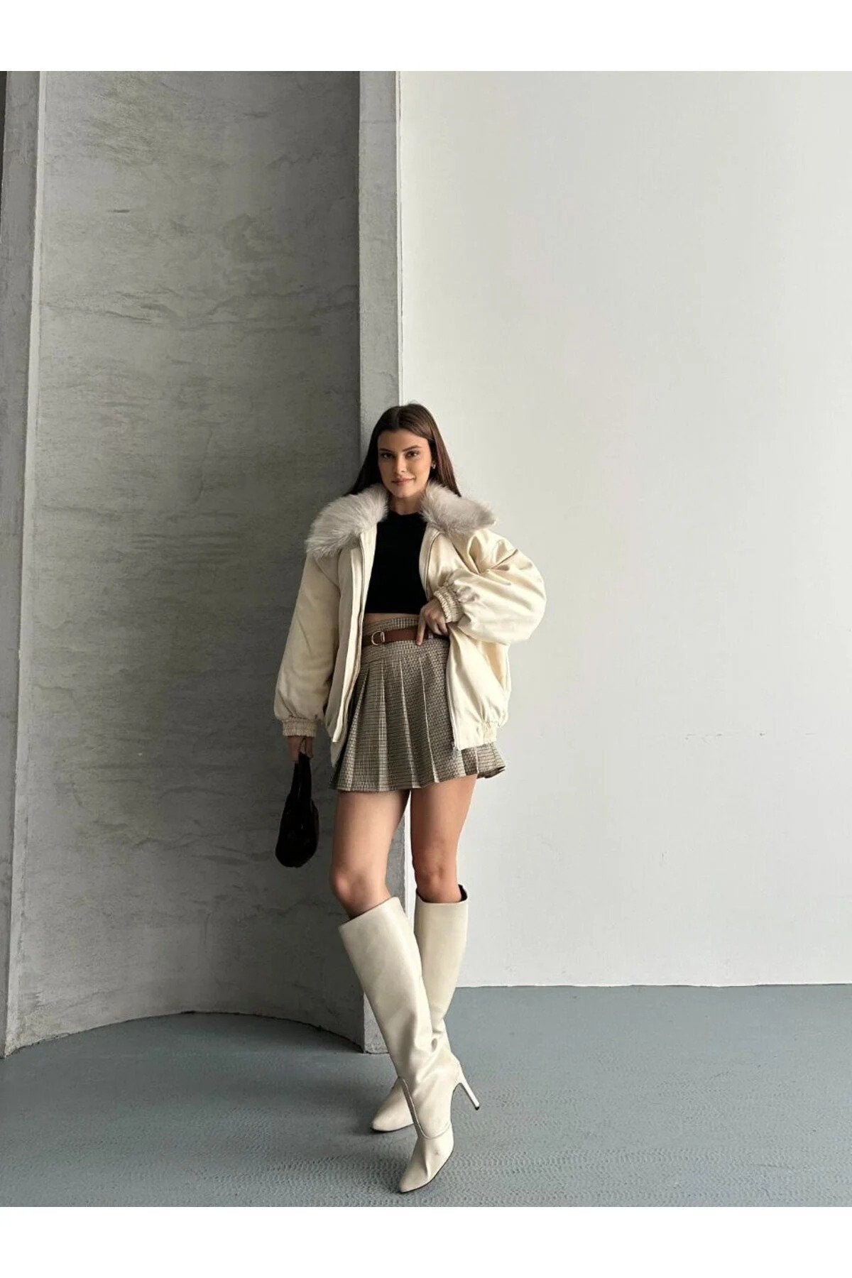 Kadın Premium Kalite Tasarım Kürk Yaka Gabardin Ceket