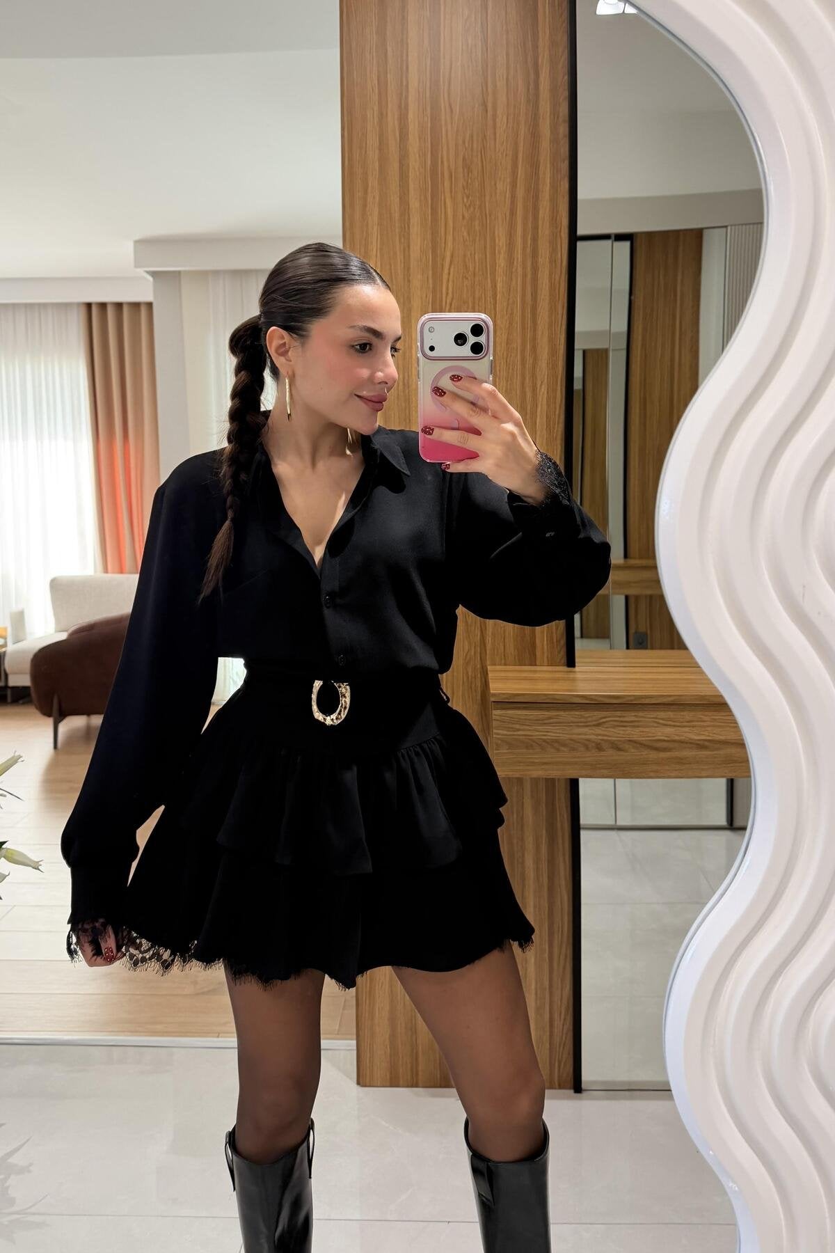 Marsha Kahve Dantel Detaylı Kemerli Elbise