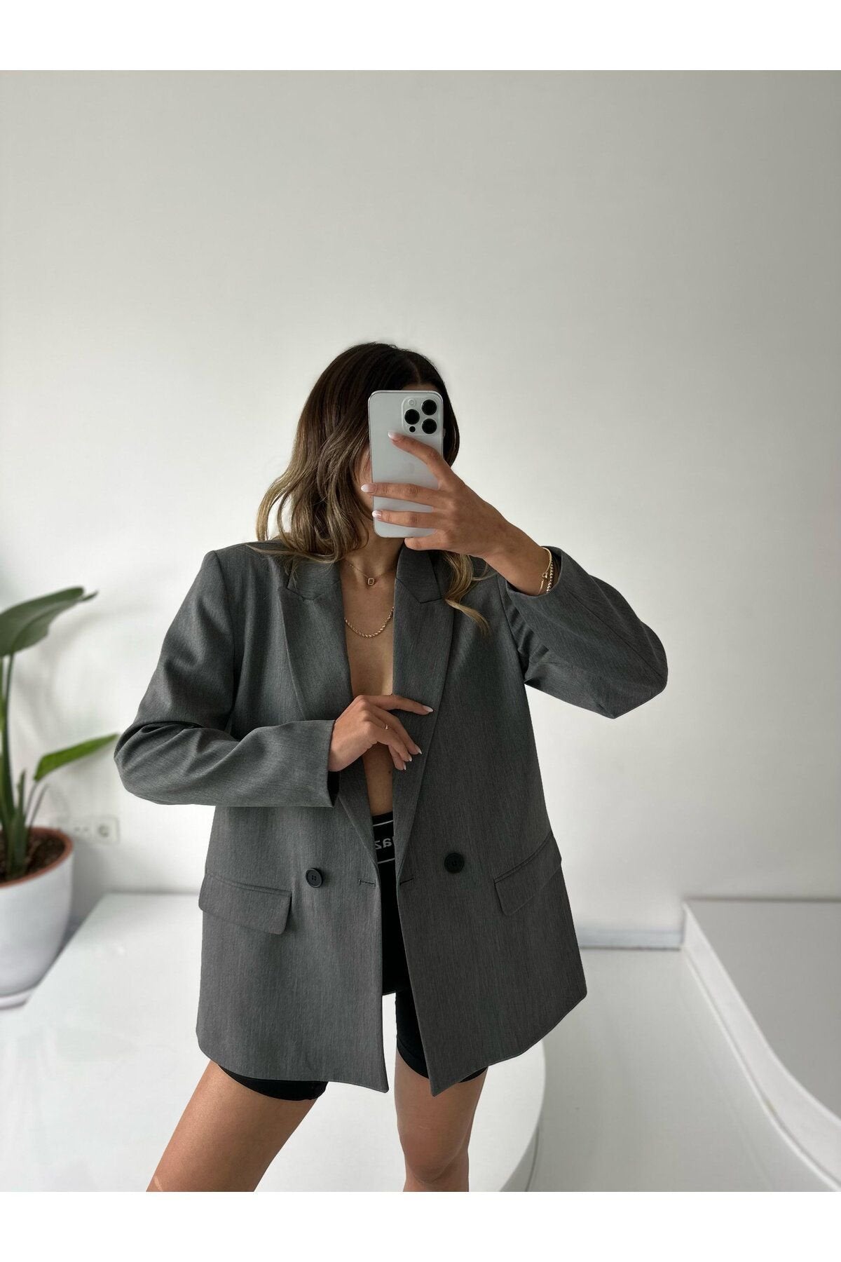 Kadın Çift Düğme Detay Poliviskon Astarlı Vatkalı Boyfriend Oversize Ceket